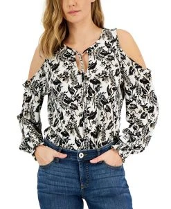 INC International Concepts Women's Printed Cold-Shoulder Top, Created For Macy's
