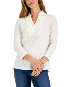 Charter Club Women's Piqué-Knit Pleated-Neck Top, Created For Macy's