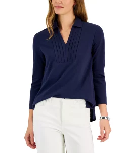 Charter Club Women's Piqué-Knit Pleated-Neck Top, Created For Macy's 9 Charter Club Women's Piqué-Knit Pleated-Neck Top, Created For Macy's -Anne Klein Sales Store 22362014 fpx