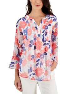 Charter Club Women's Garden Print Pintuck Top, Created For Macy's