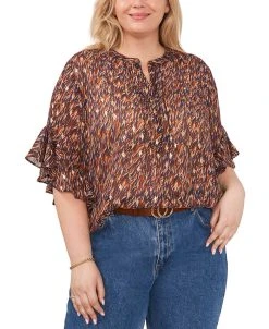 Vince Camuto Plus Size Printed Split-Neck Ruffle-Sleeve Blouse