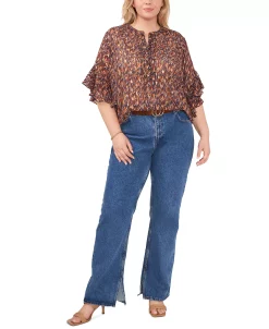 Vince Camuto Plus Size Printed Split-Neck Ruffle-Sleeve Blouse -Anne Klein Sales Store 22371038 fpx