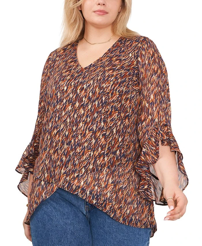 Vince Camuto Plus Size Printed Ruffle-Cuff 3/4-Sleeve Blouse 1 Vince Camuto Plus Size Printed Ruffle-Cuff 3/4-Sleeve Blouse