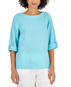 Charter Club Women's Linen Cuffed-Sleeve Top, Created For Macy's