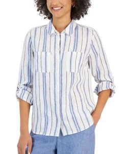Charter Club Women's Linen Metallic-Stripe Shirt, Created For Macy's