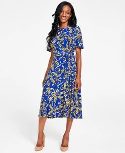 Kasper Printed Flutter-Sleeve Belted Dress