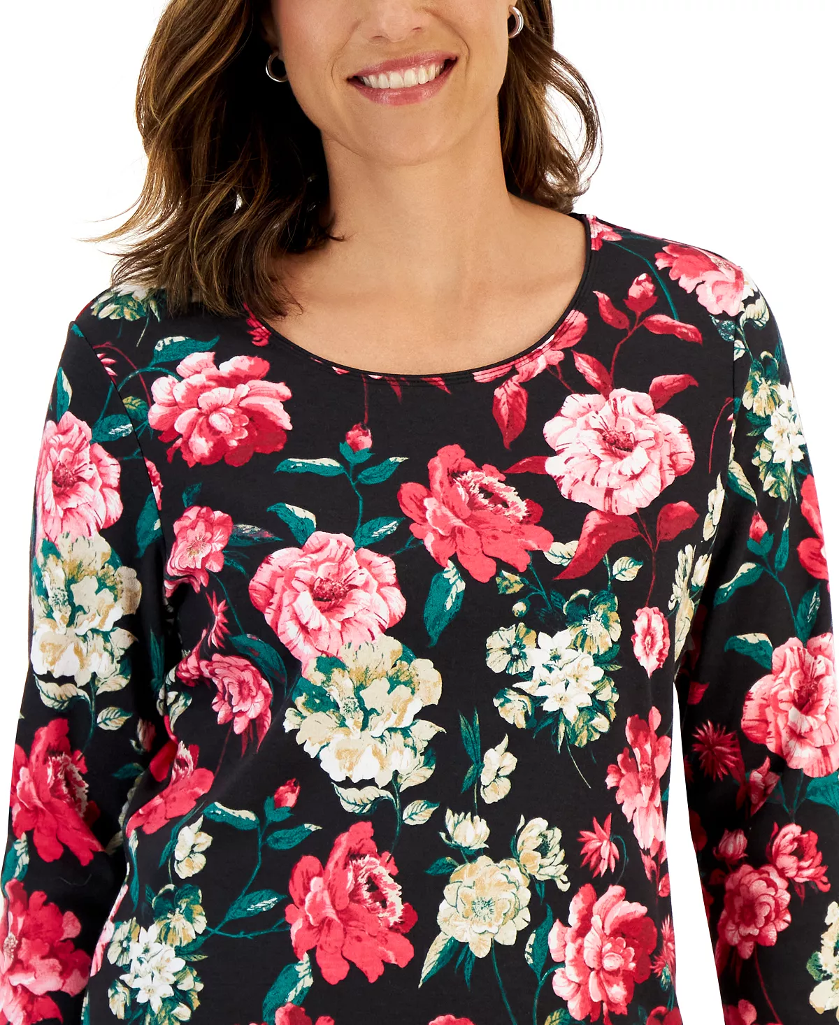 Karen Scott Women's Long-Sleeve Rose Print Top, Created For Macy's 3 Karen Scott Women's Long-Sleeve Rose Print Top, Created For Macy's - Image 3
