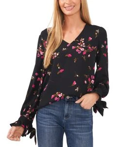 CeCe Women's Long Sleeve V-Neck Tie-Sleeve Blouse