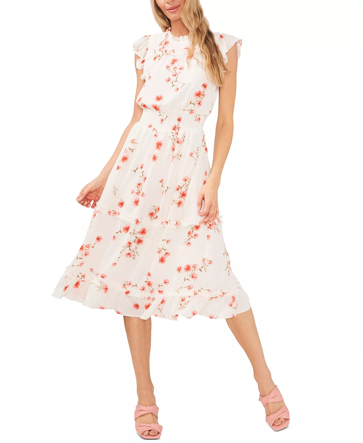 CeCe Women's Floral Print Smocked-Waist Midi Dress 3 CeCe Women's Floral Print Smocked-Waist Midi Dress - Image 3