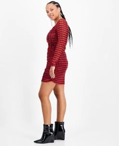 Bar III Women's Checkered Square-Neck Mesh-Overlay Ruched Mini Dress, Created For Macy's -Anne Klein Sales Store 22502625 fpx