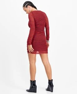 Bar III Women's Checkered Square-Neck Mesh-Overlay Ruched Mini Dress, Created For Macy's -Anne Klein Sales Store 22502628 fpx