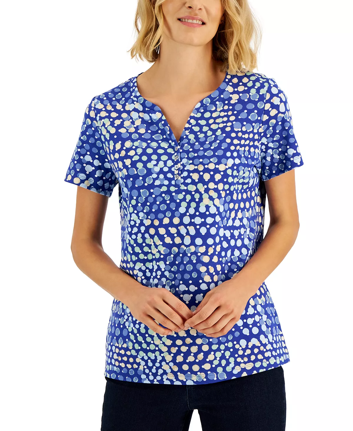 Karen Scott Women's Mod Dots Printed Knit Henley Top, Created For Macy's 4 Karen Scott Women's Mod Dots Printed Knit Henley Top, Created For Macy's - Image 4