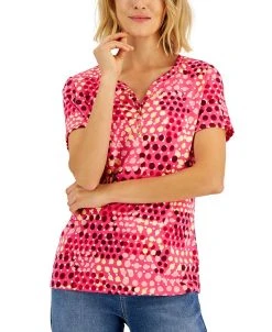 Karen Scott Women's Mod Dots Printed Knit Henley Top, Created For Macy's