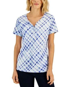 Karen Scott Women's Plaid Relaxed Henley Knit Top, Created For Macy's