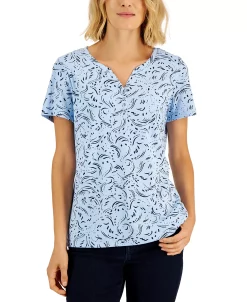 Karen Scott Women's Printed Relaxed Knit Henley Top, Created For Macy's -Anne Klein Sales Store 22514590 fpx