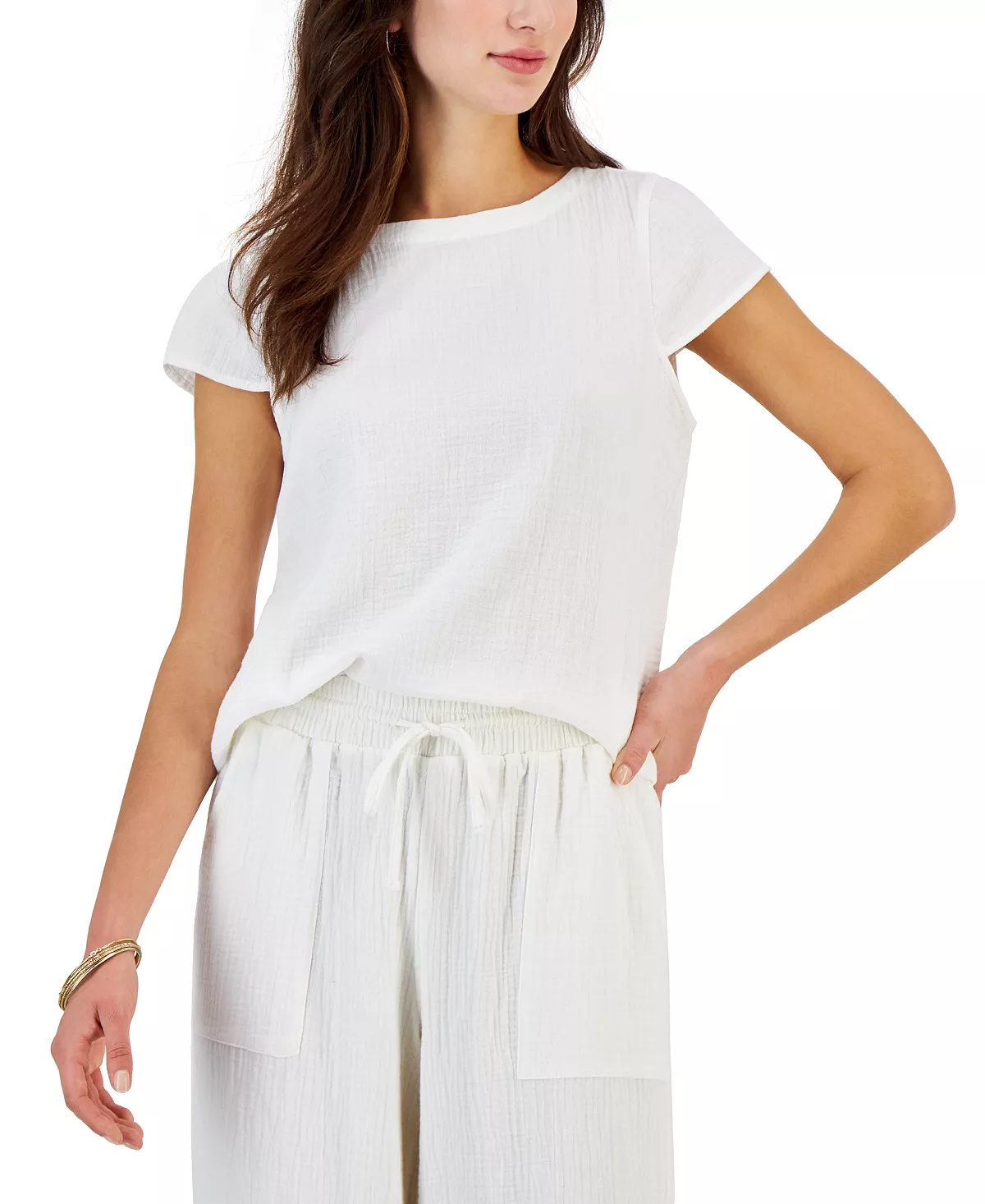 Style & Co Women's Crinkled Gauze Cap-Sleeve Top, Created For Macy's 1 Style & Co Women's Crinkled Gauze Cap-Sleeve Top, Created For Macy's