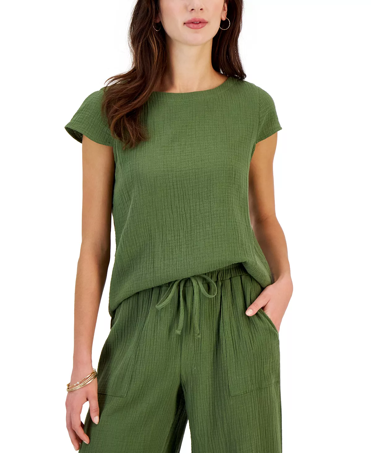 Style & Co Women's Crinkled Gauze Cap-Sleeve Top, Created For Macy's 3 Style & Co Women's Crinkled Gauze Cap-Sleeve Top, Created For Macy's - Image 3