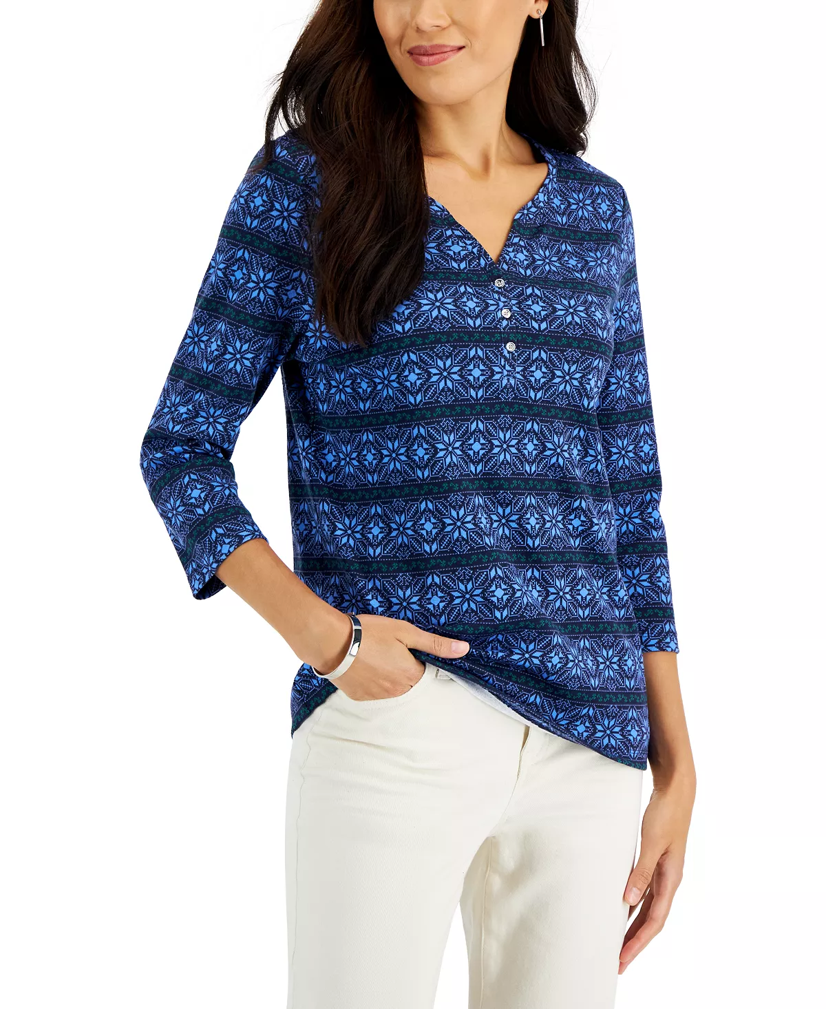 Karen Scott Women's 3/4-Sleeve Snowflake Henley Top, Created For Macy's 1 Karen Scott Women's 3/4-Sleeve Snowflake Henley Top, Created For Macy's