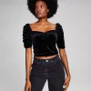 And Now This Women's Velvet Ruched-Sleeve Crop Top