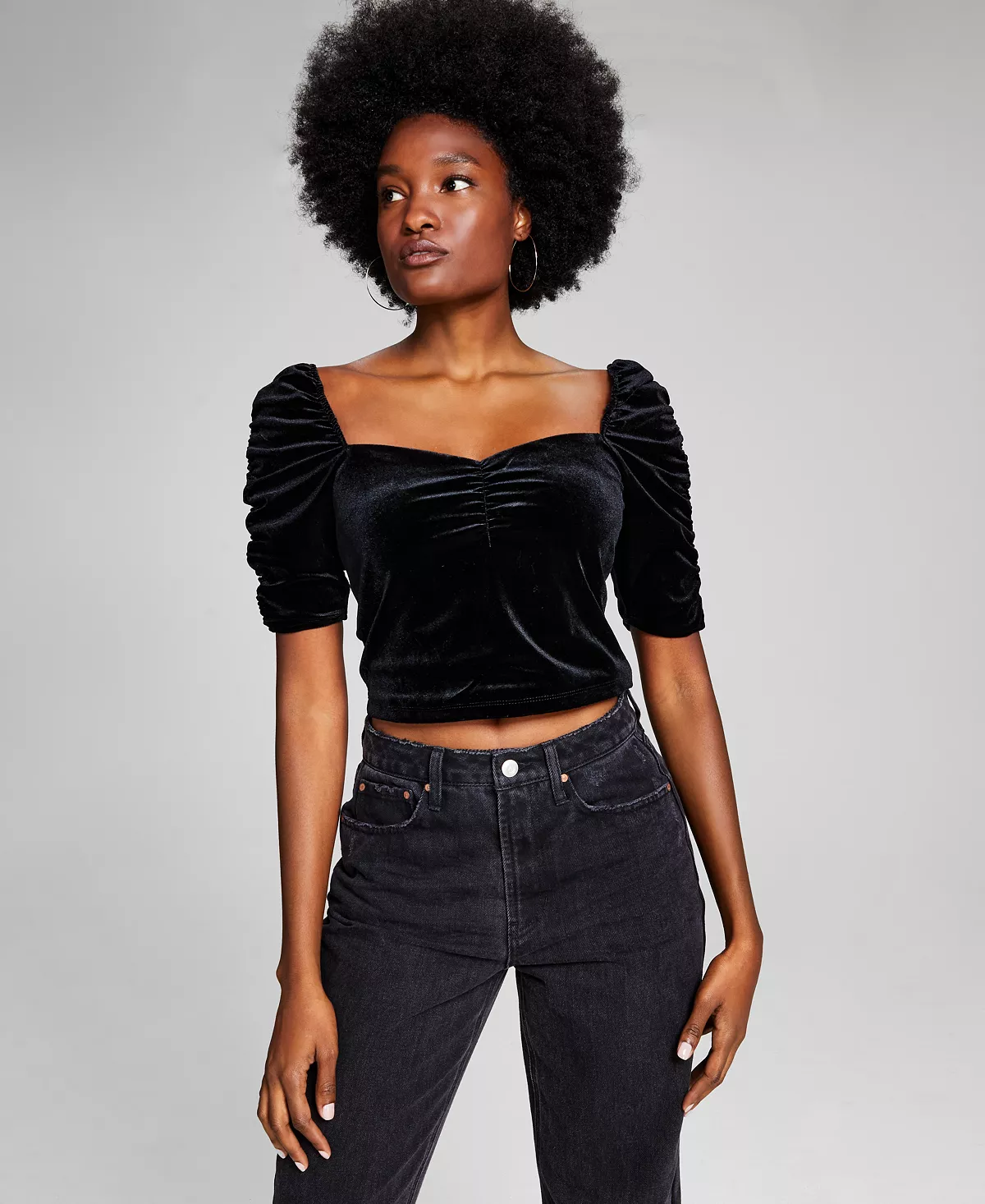 And Now This Women's Velvet Ruched-Sleeve Crop Top 1 And Now This Women's Velvet Ruched-Sleeve Crop Top