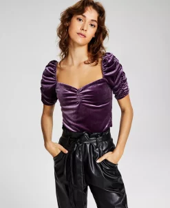 And Now This Women's Velvet Ruched-Sleeve Crop Top 6 And Now This Women's Velvet Ruched-Sleeve Crop Top -Anne Klein Sales Store 22541390 fpx