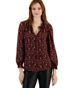 Bar III Women's Floral-Print Ruffle-Neck Top, Created For Macy's