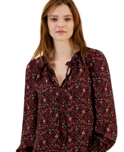 Bar III Women's Floral-Print Ruffle-Neck Top, Created For Macy's -Anne Klein Sales Store 22541702 fpx