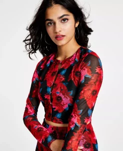 Bar III Women's Floral-Print Cutout Mesh-Sleeve Crop Top, Created For Macy's -Anne Klein Sales Store 22556507 fpx