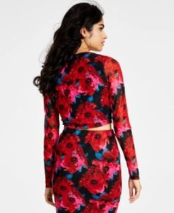 Bar III Women's Floral-Print Cutout Mesh-Sleeve Crop Top, Created For Macy's -Anne Klein Sales Store 22556508 fpx