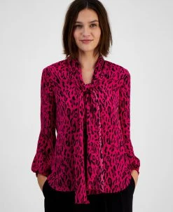 Bar III Women's Printed Tie-Neck Long-Sleeve Top, Created For Macy's