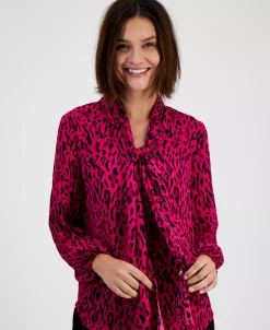 Bar III Women's Printed Tie-Neck Long-Sleeve Top, Created For Macy's -Anne Klein Sales Store 22562793 fpx