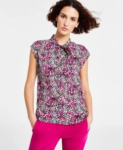Bar III Women's Ditsy Floral Print Tie-Neck Top, Created For Macy's