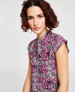 Bar III Women's Ditsy Floral Print Tie-Neck Top, Created For Macy's -Anne Klein Sales Store 22562816 fpx