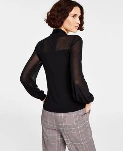 Bar III Women's Tie-Neck Mesh-Sleeve Top, Created For Macy's -Anne Klein Sales Store 22562855 fpx