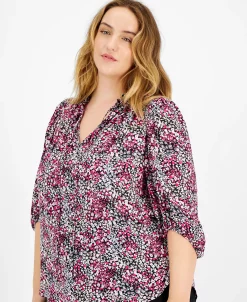 Bar III Plus Size 3/4-Sleeve Ditsy Floral Print Top, Created For Macy's -Anne Klein Sales Store 22564290 fpx