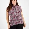 Bar III Plus Size Ditsy Floral-Print Tie-Neck Top, Created For Macy's