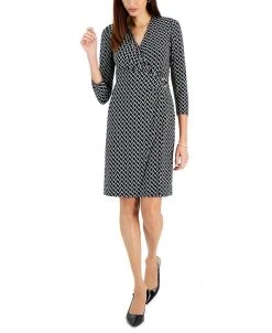 Kasper Women's Printed Embellished 3/4-Sleeve Faux-Wrap Dress