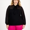 Bar III Plus Size Tie-Neck Mesh-Contrast Blouse, Created For Macy's