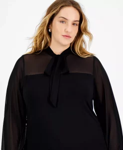 Bar III Plus Size Tie-Neck Mesh-Contrast Blouse, Created For Macy's -Anne Klein Sales Store 22567311 fpx