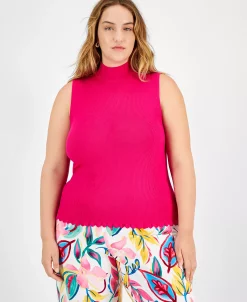Bar III Plus Size Ribbed Sleeveless Mock-Neck Scalloped-Hem Top, Created For Macy's -Anne Klein Sales Store 22567353 fpx