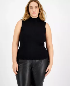 Bar III Plus Size Ribbed Sleeveless Mock-Neck Scalloped-Hem Top, Created For Macy's -Anne Klein Sales Store 22567355 fpx