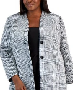 Kasper Plus Size Houndstooth-Plaid Two-Button Longline Blazer -Anne Klein Sales Store 22567616 fpx