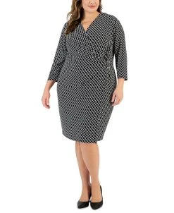 Kasper Plus Size Printed 3/4-Sleeve Faux-Wrap Dress