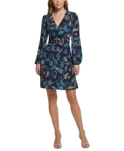 Vince Camuto Women's Printed V-Neck Ruched-Front Dress