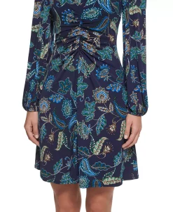 Vince Camuto Women's Printed V-Neck Ruched-Front Dress -Anne Klein Sales Store 22569104 fpx