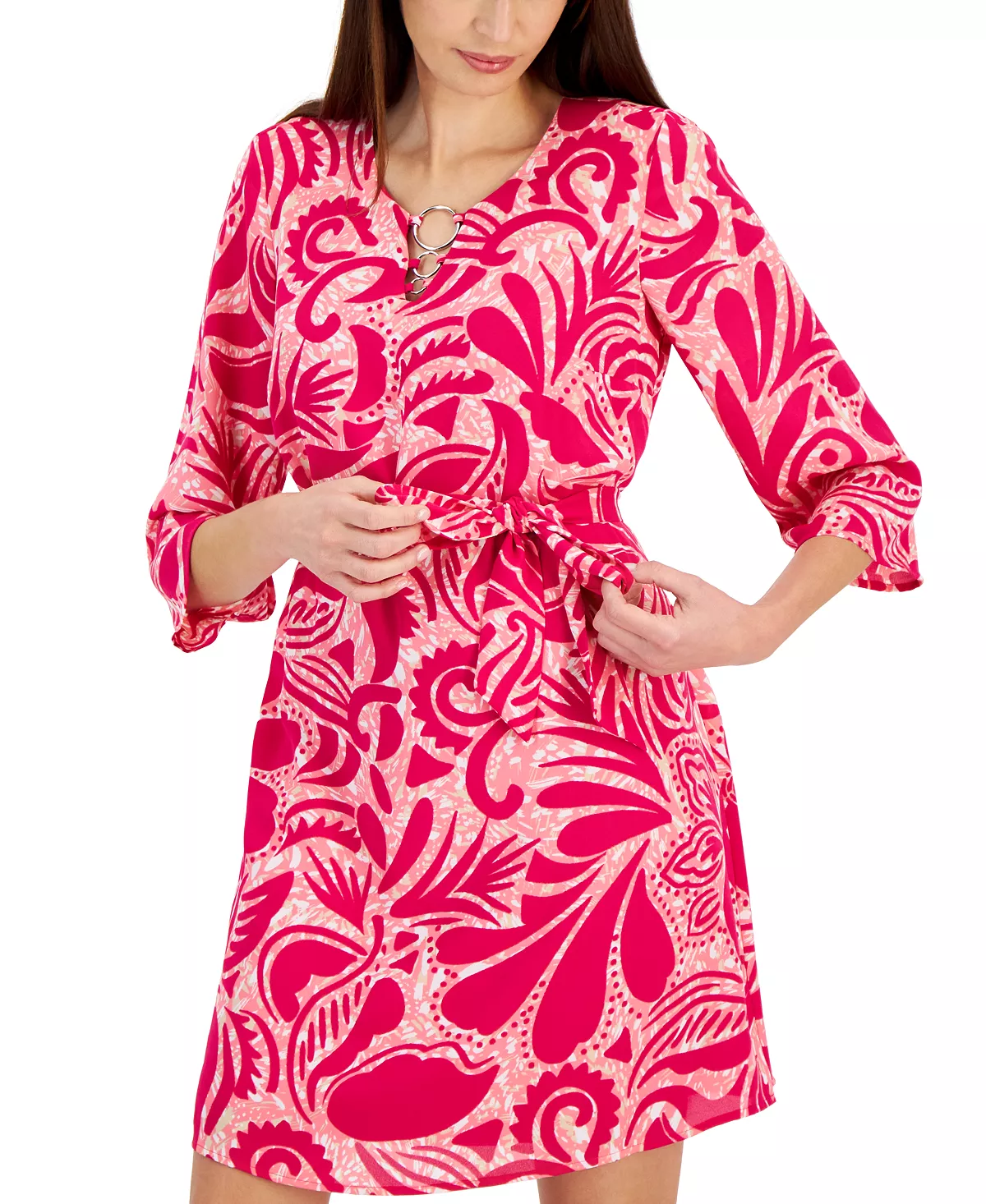 JM Collection Women's Printed Hardware Tie-Waist Dress, Created For Macy's 4 JM Collection Women's Printed Hardware Tie-Waist Dress, Created For Macy's - Image 4