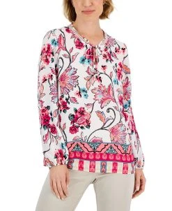 JM Collection Women's Traveling Ornament Printed Lattice-Neck Top, Created For Macy's