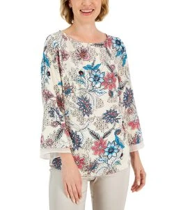 JM Collection Women's Etched Batik Printed Flared-Sleeve Top, Created For Macy's