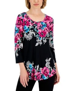 JM Collection Women's Floral Escapade Printed Knit Top, Created For Macy's