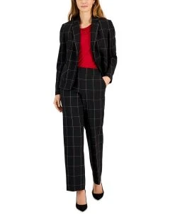Kasper Women's Plaid One-Button Notched-Collar Jacket, Cowlneck Cap-Sleeve Blouse & Pull-On Straight-Leg Pants